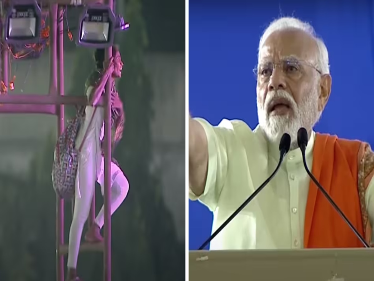 VIDEO: 'असं करुन काही होणार नाही, खाली ये'; PM मोदींचे भाषण सुरु असतानाच विजेच्या खांबावर चढली मुलगी  title=