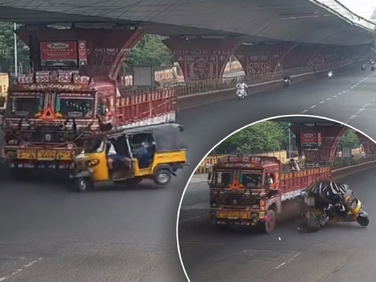 CCTV VIDEO: भरधाव शाळकरी रिक्षा अन् ट्रकची धडक; पोरं रस्त्यावर फेकली गेली अन्... title=