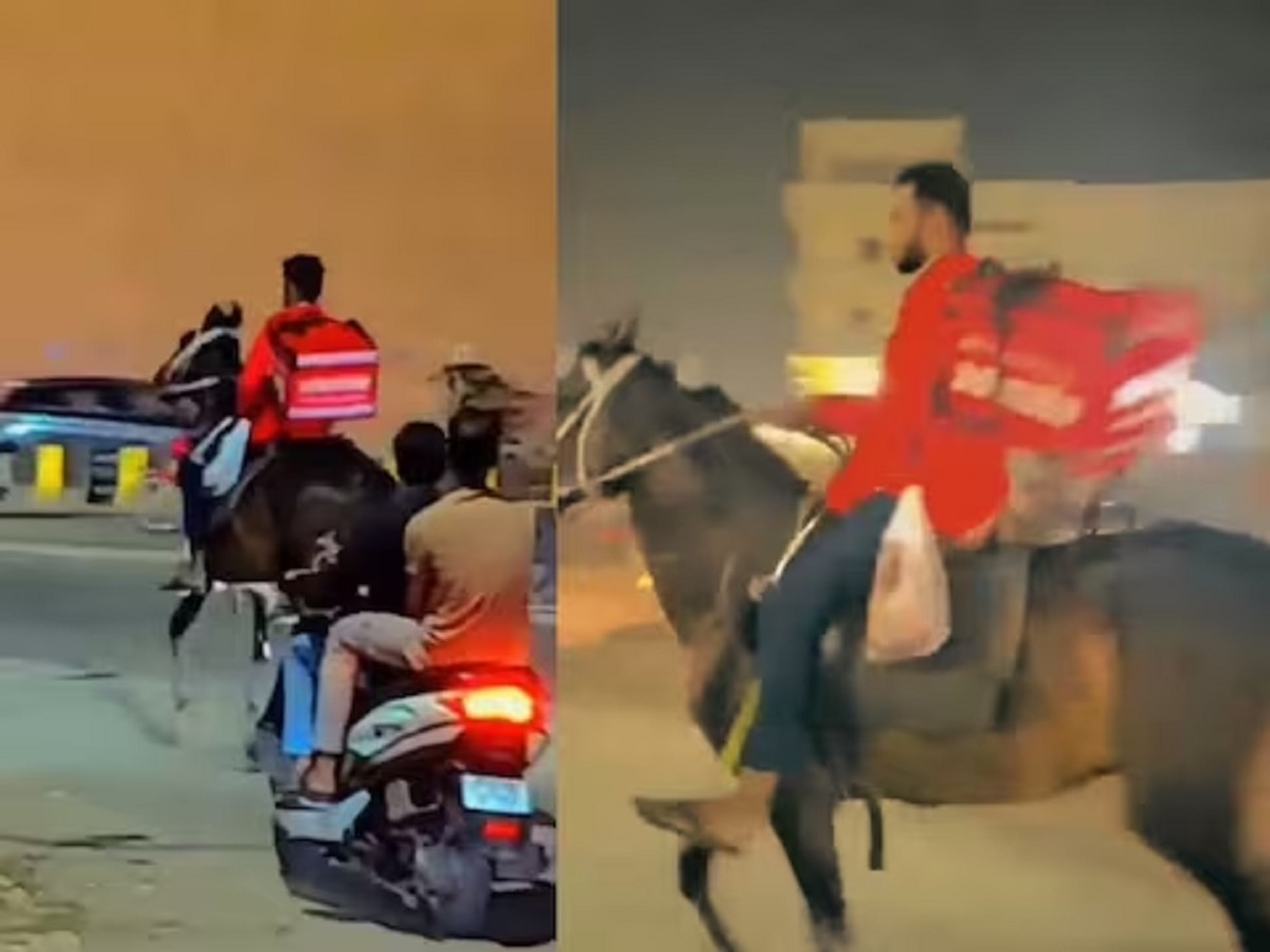 VIDEO : झोमॅटोचा डिलेव्हरीबॉय ऑर्डरसहीत चक्क घोड्यावरुन पोहचला ग्राहकाच्या घरी; कारण फारच रंजक title=