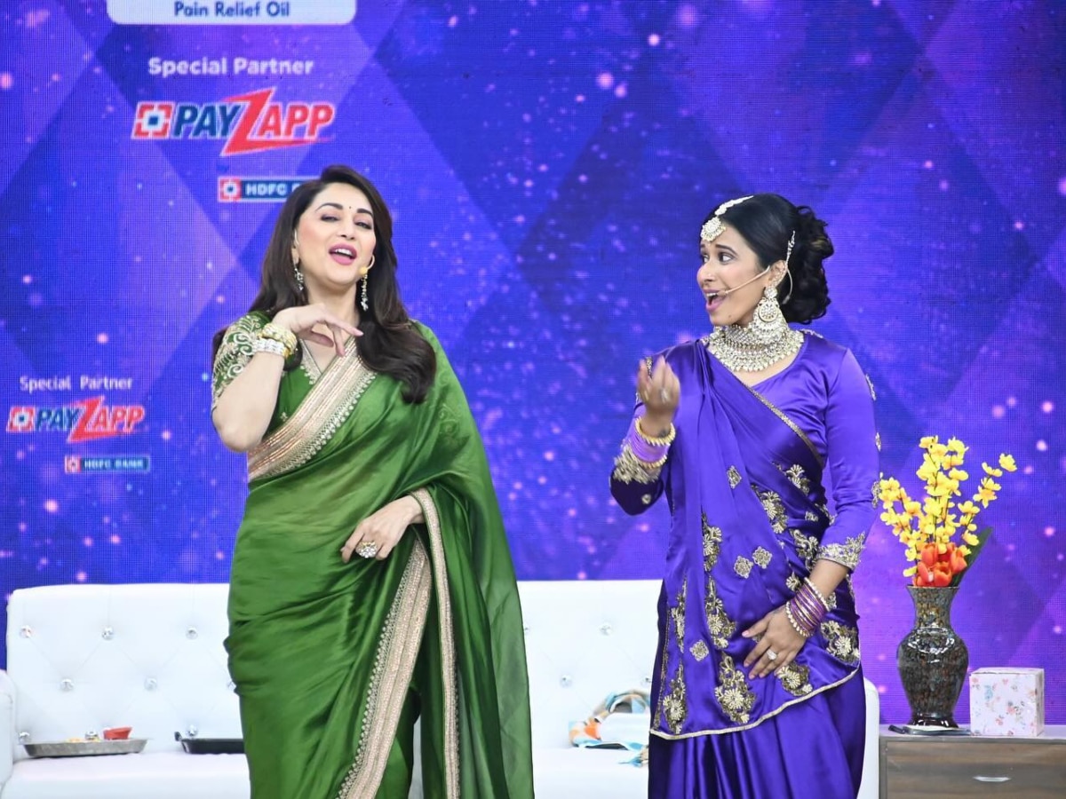  marathi actress shreya bugde dance with madhuri dixit share photo on instagram at chala hawa yeu dya set