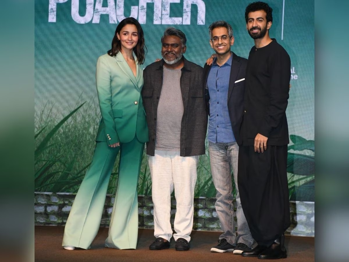 Bollywood Actress Alia Bhatt wear green ombre pantsuit at Poacher trailer launch 