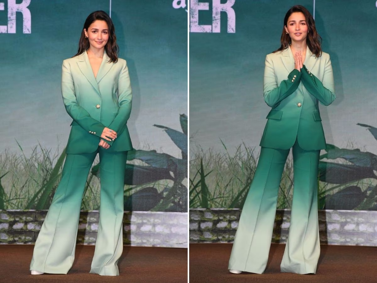 Bollywood Actress Alia Bhatt wear green ombre pantsuit at Poacher trailer launch 