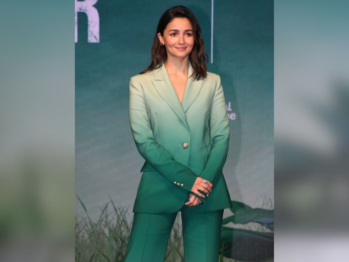 Bollywood Actress Alia Bhatt wear green ombre pantsuit at Poacher trailer launch 