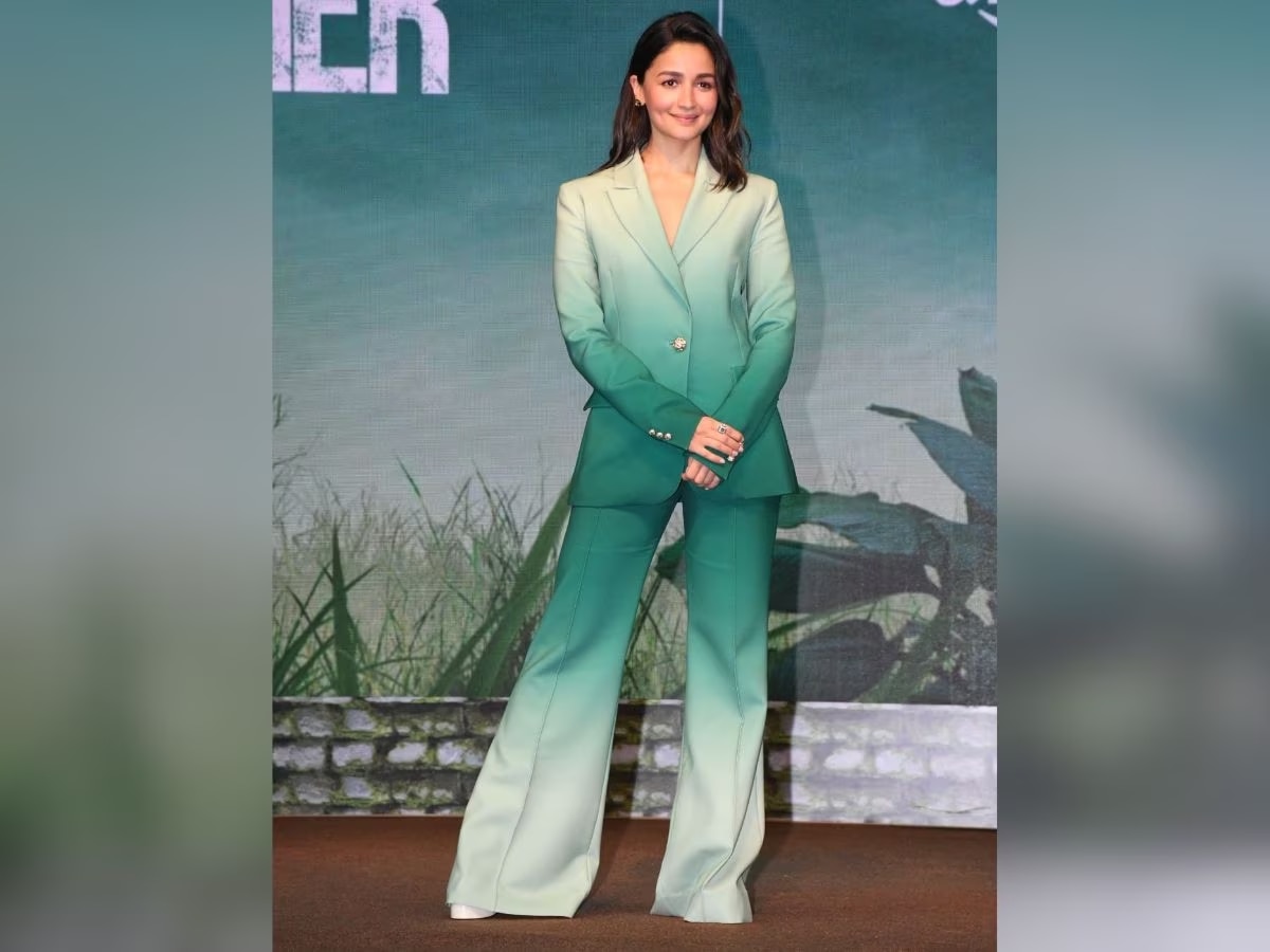 Bollywood Actress Alia Bhatt wear green ombre pantsuit at Poacher trailer launch 