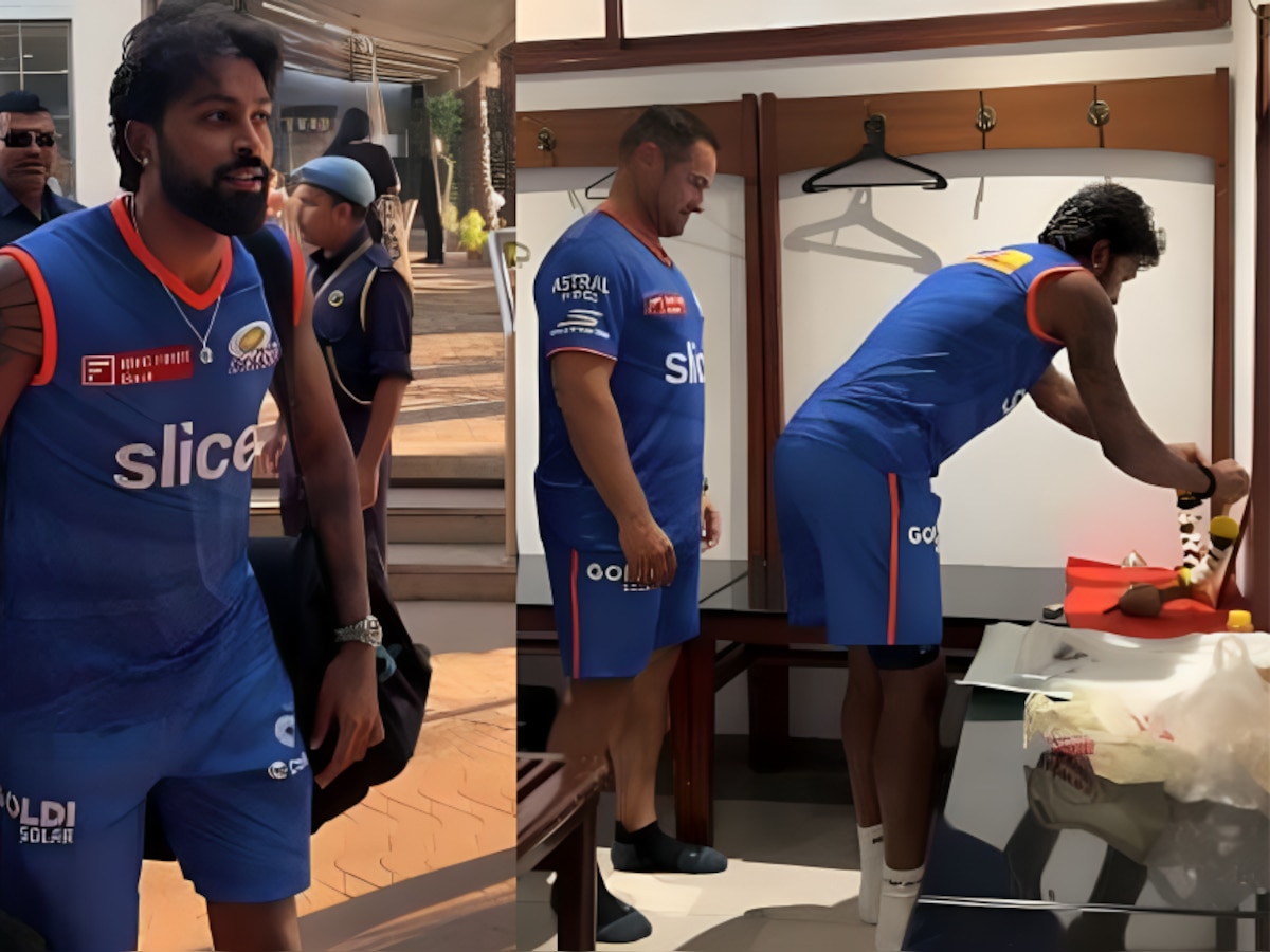 IPL 2024 : देवापुढे हात जोडले, नारळ फोडला आणि...; मुंबई इंडियन्सच्या कॅम्पमध्ये हार्दिक पांड्याची अनोखी एंट्री. पाहा व्हिडीओ title=