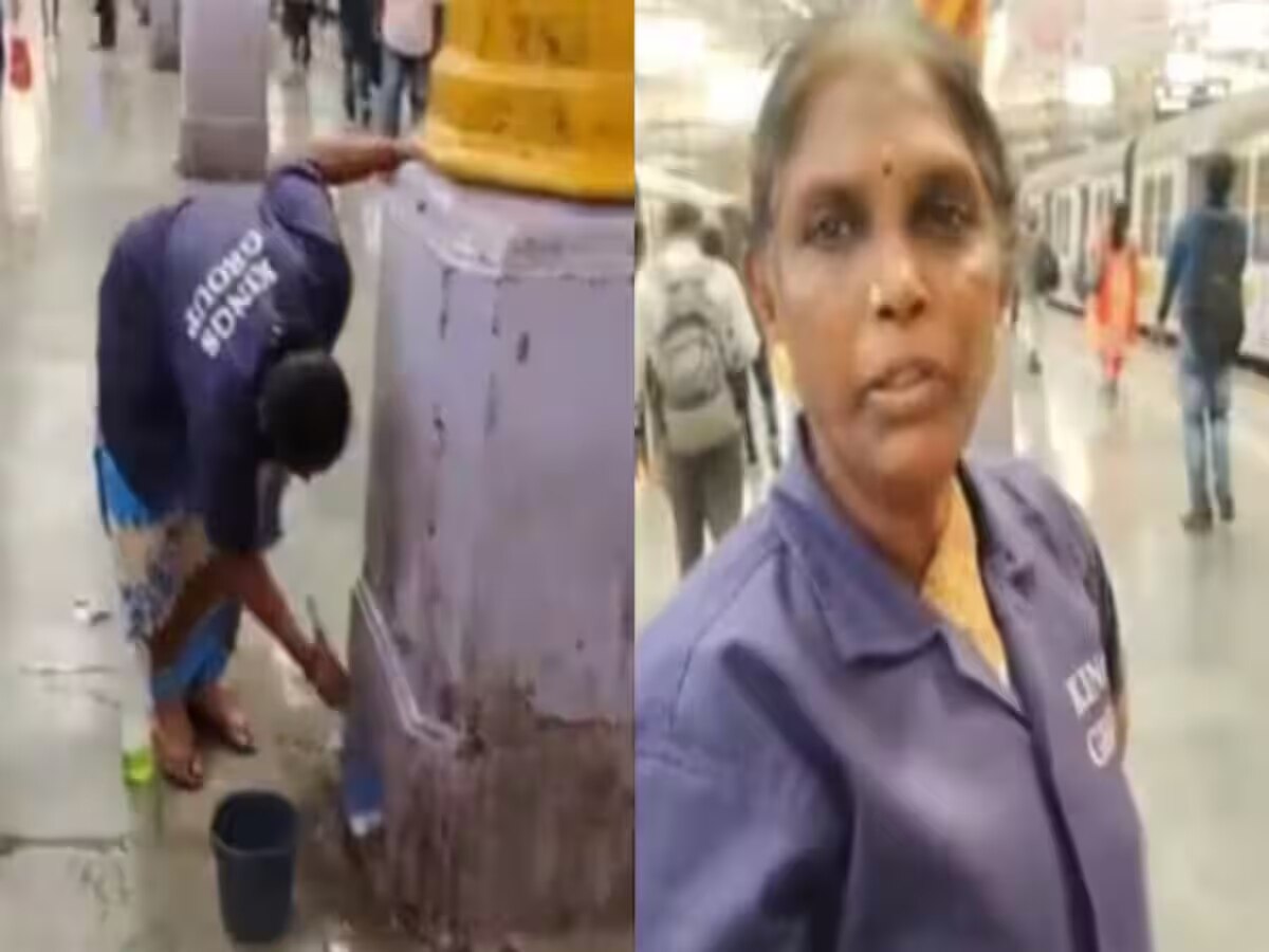 Mumbai News Female sanitation worker cleaning the peak of paan gutkha ...