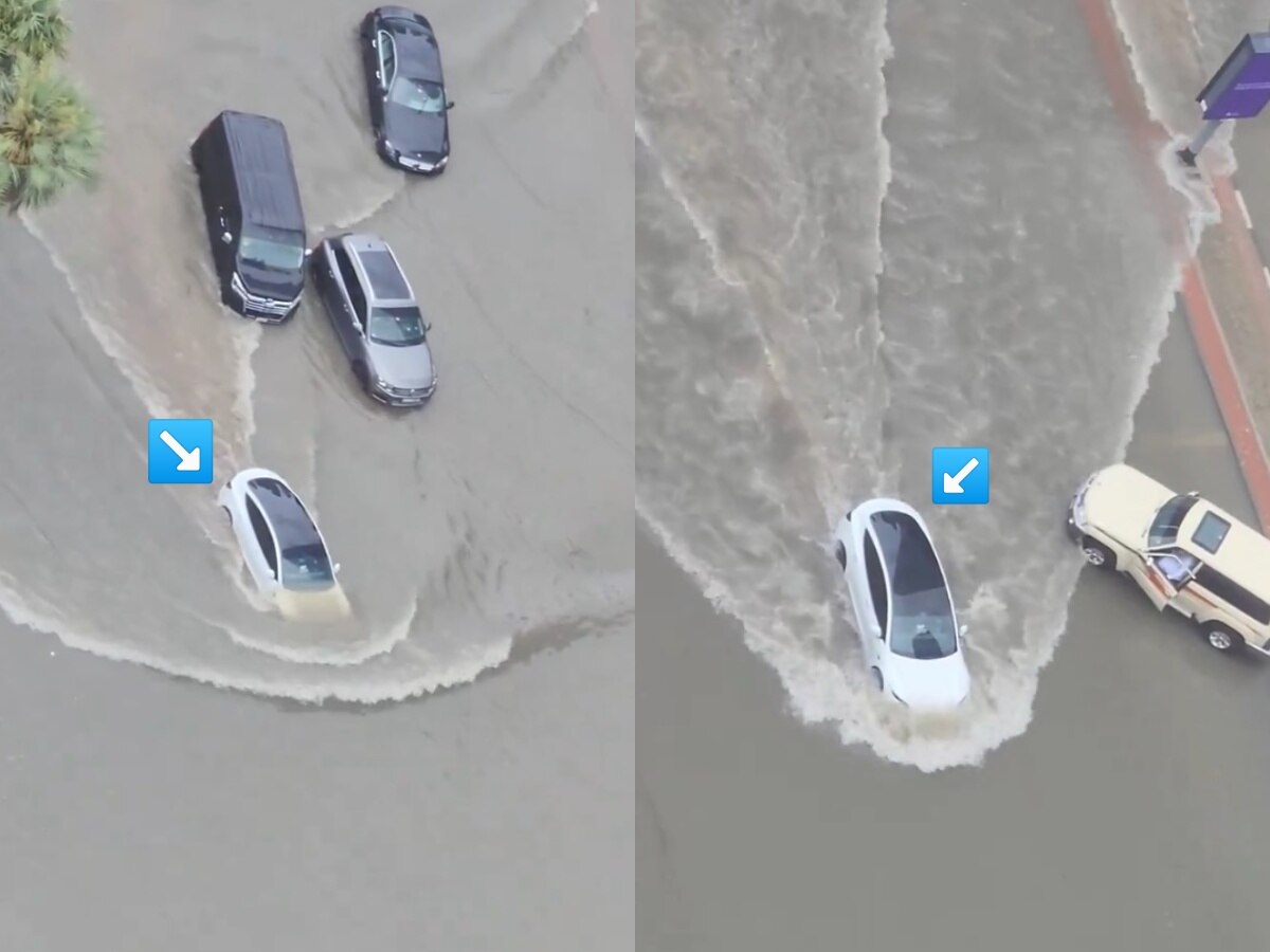 दुबईत पुराच्या पाण्यात बोटीप्रमाणे धावली Tesla कार; VIDEO पाहून नेटकरी आश्चर्यचकित title=