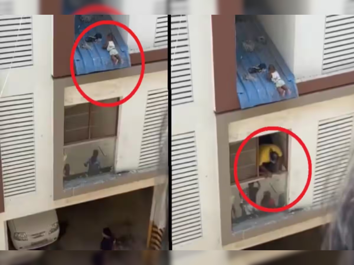 Video : दुसऱ्या मजल्यावरून चिमुकल्या प्लास्टिकच्या शीटवर पडला अन्...श्वास रोखून धरणारा धक्कादायक व्हिडीओ  title=