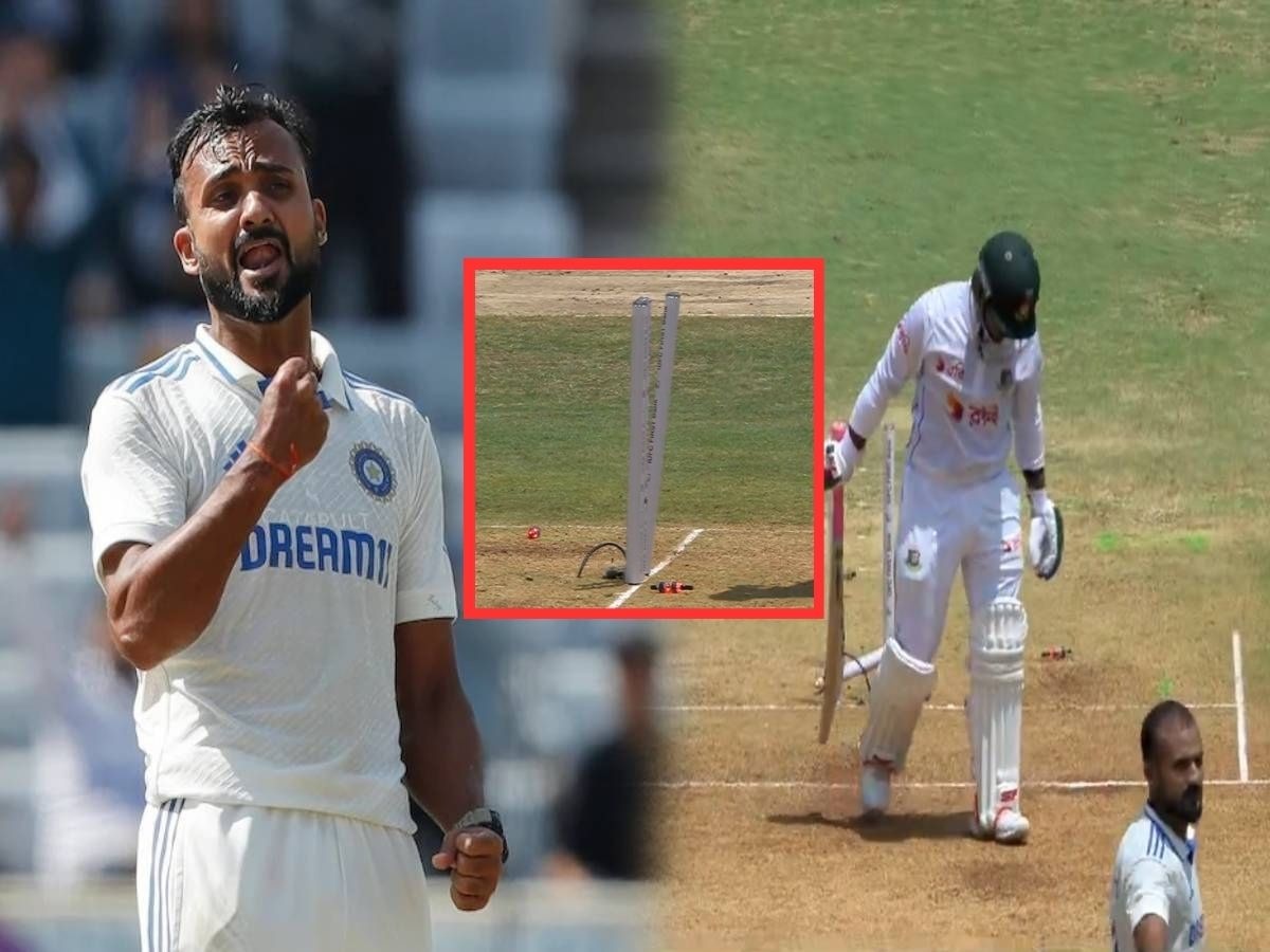 IND VS BAN Test : आकाश दीपचा 'स्टंप तोड' परफॉर्मन्स! हॅट्रिकचा चान्स हुकला पण बांगलादेशचे वाजवले बारा Video  title=