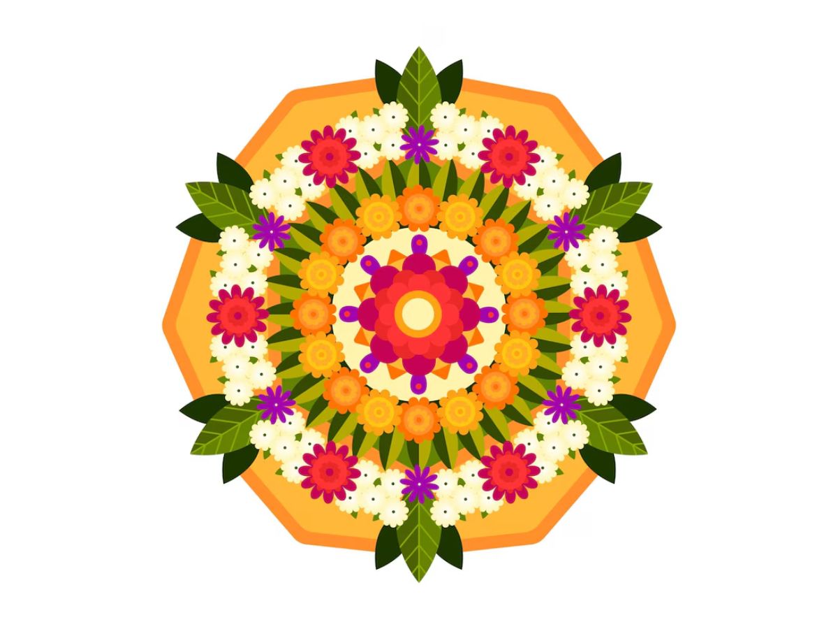 Easy rangoli with flowers and leaves for beginners