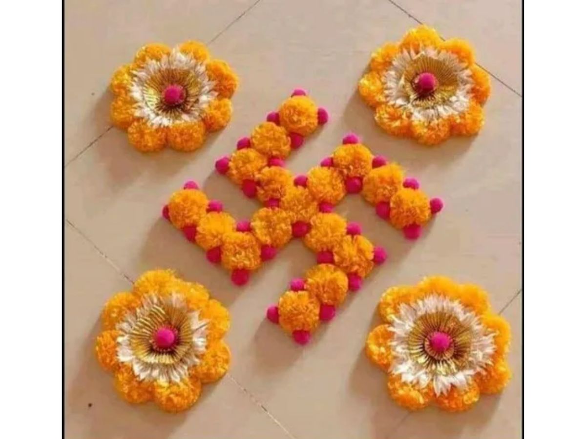 Easy rangoli with flowers and leaves for beginners