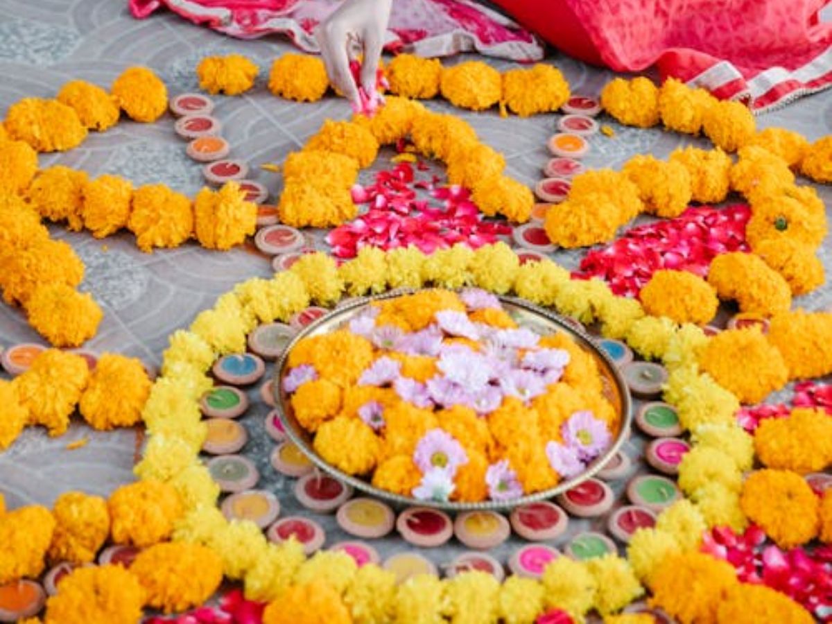 Easy rangoli with flowers and leaves for beginners