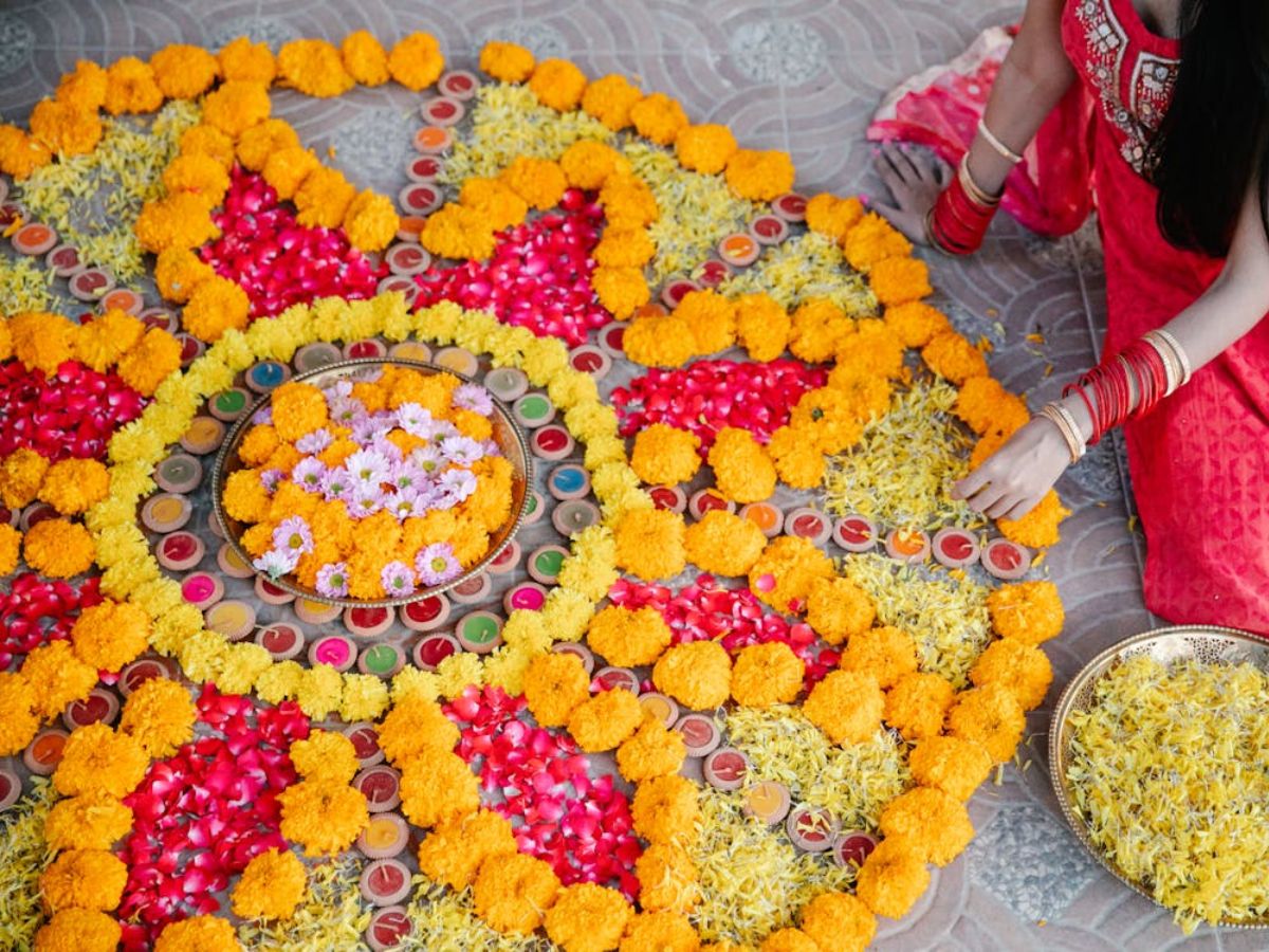 Easy rangoli with flowers and leaves for beginners