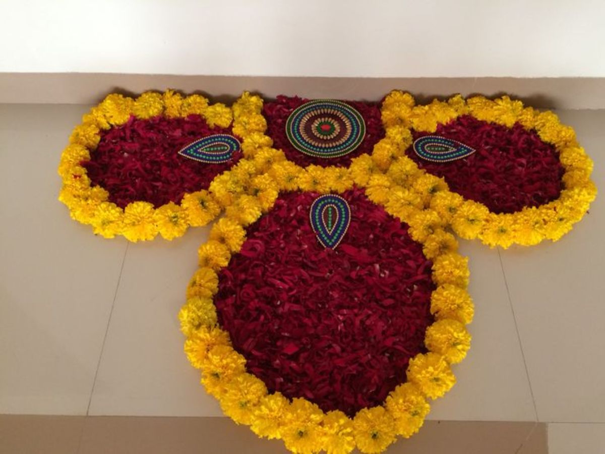 Easy rangoli with flowers and leaves for beginners