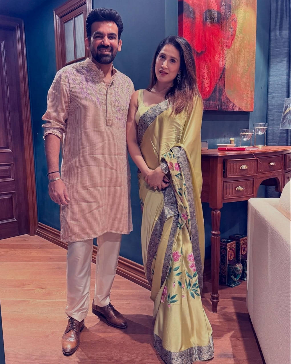 cricketer zhaheer khan and wife sagarika ghatage celebrates diwali in a traditional way with faral see photos 