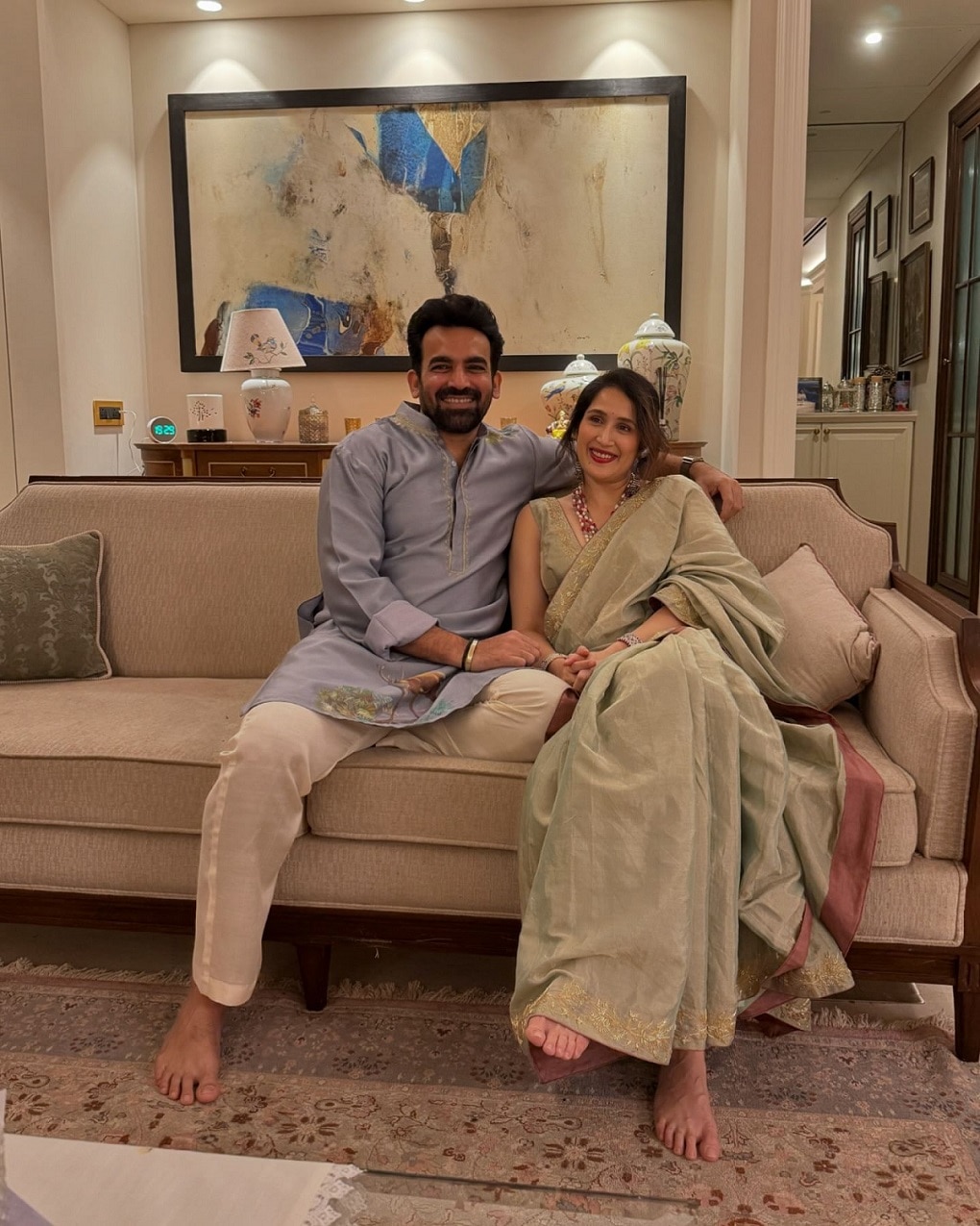 cricketer zhaheer khan and wife sagarika ghatage celebrates diwali in a traditional way with faral see photos 