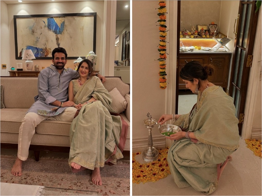 cricketer zhaheer khan and wife sagarika ghatage celebrates diwali in a traditional way with faral see photos 