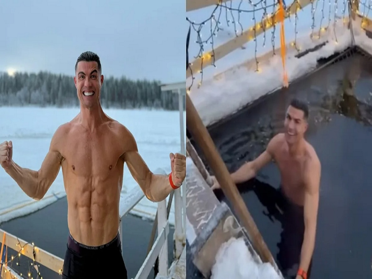 बापरे! हा इतका फिट कसा? -20 अंशांच्या रक्त गोठवणाऱ्या थंडीत Cristiano Ronaldo चं स्विमिंग, पाहा Video  title=