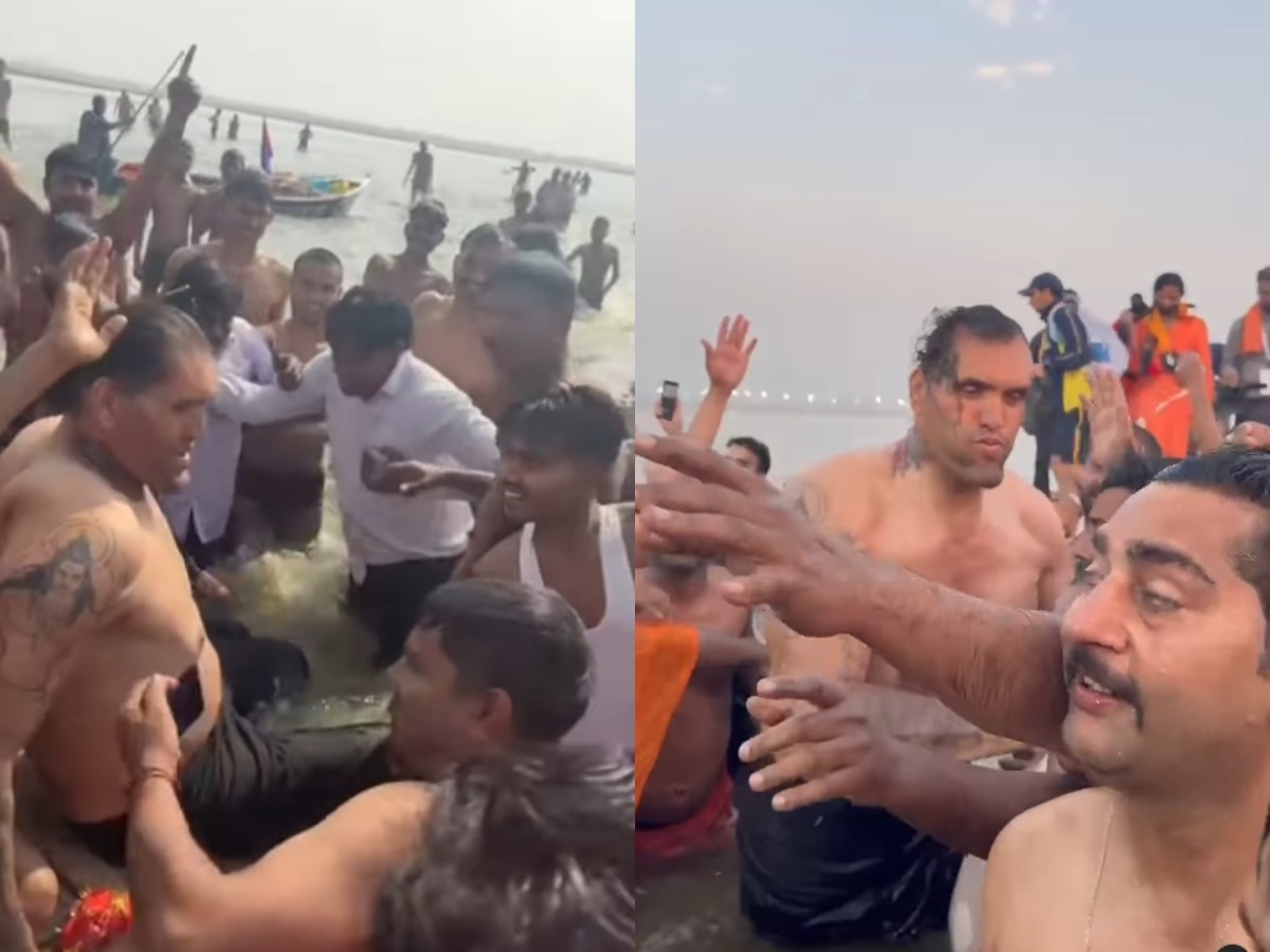 Mahakumbh Mela: द ग्रेट खलीने महाकुंभमध्ये केलं पवित्र स्नान; पण घडलं भलतंच, पाहा VIDEO title=