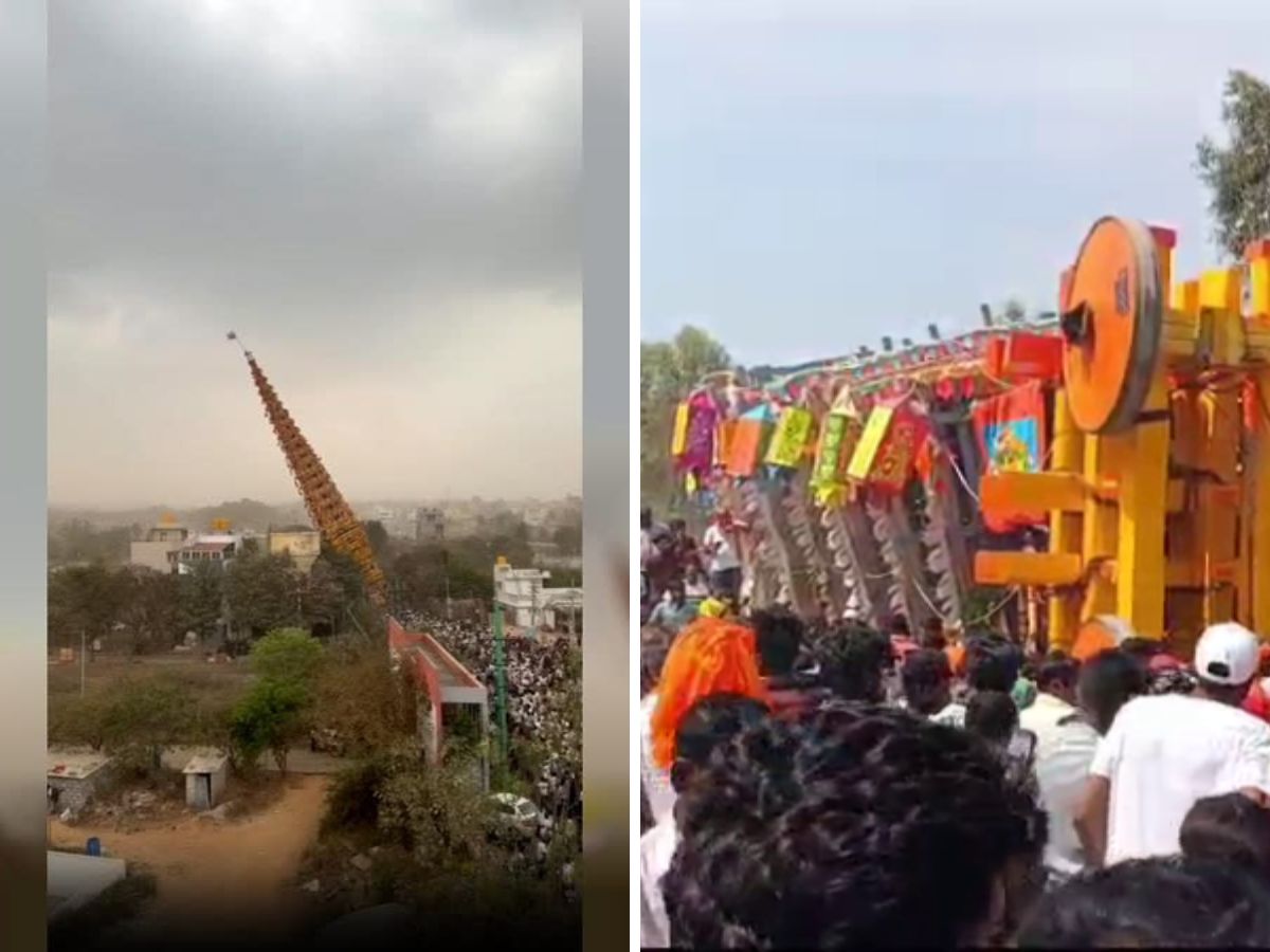 सोसाट्याचा वारा अन् मुसळधार पाऊस, देवीच्या मंदिराजवळ पोहोचताच 120 फूट रथ कोसळला, एकाचा मृत्यू सोसाट्याचा वारा अन् मुसळधार पाऊस, देवीच्या मंदिराजवळ पोहोचताच 120 फूट रथ कोसळला, एकाचा मृत्यू