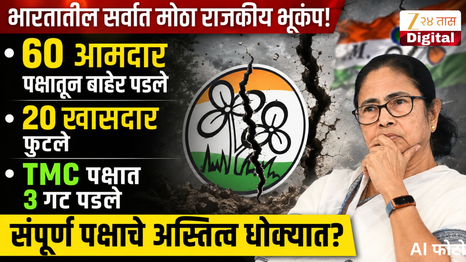 भारतातील सर्वात मोठा राजकीय भूकंप! 60 आमदार पक्षातू बाहेर पडले, 20 खासदार फुटले, TMC पक्षात 3 गट पडले, संपूर्ण पक्षाचे अस्तित्व धोक्यात?