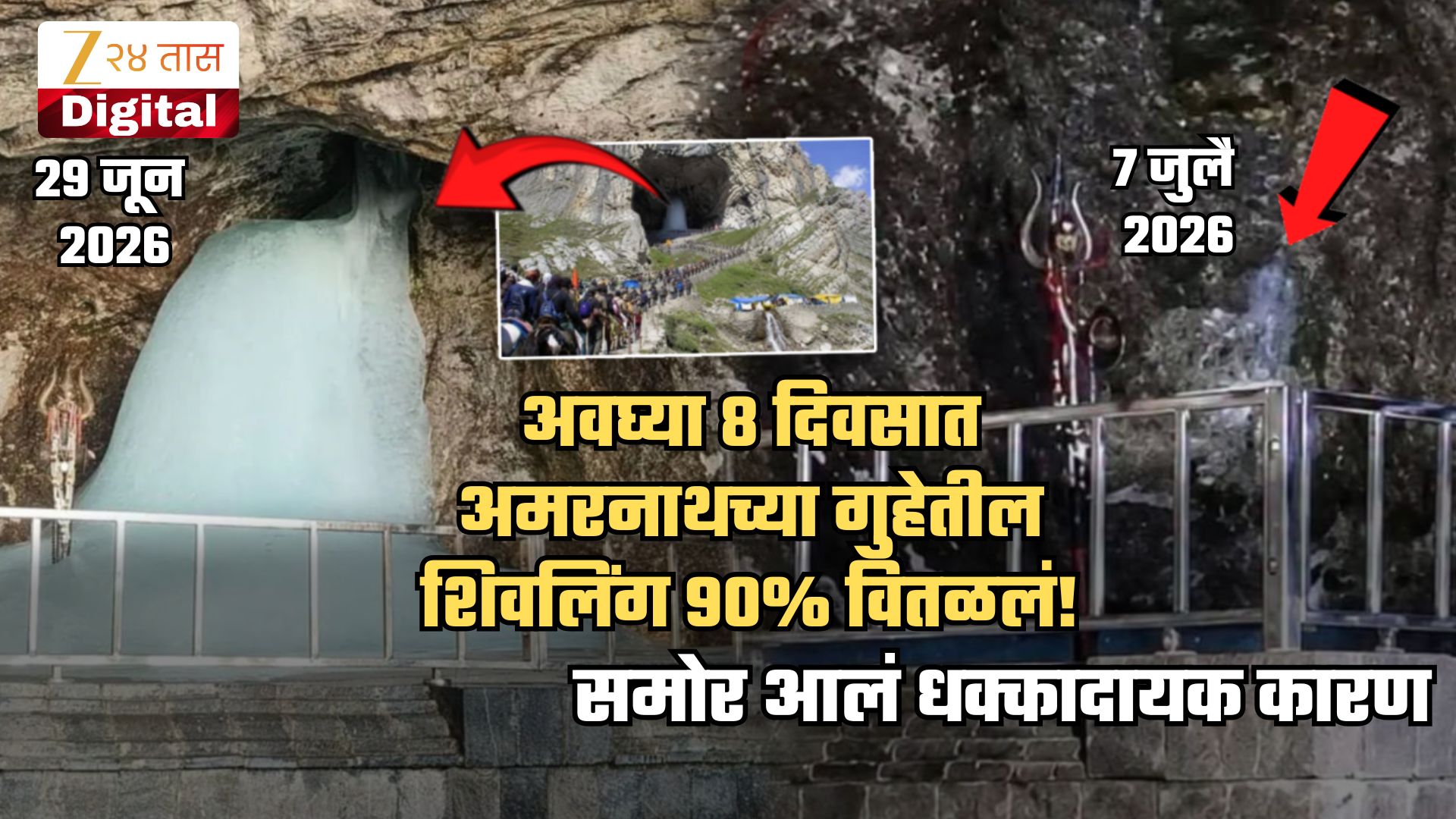 भाविकांना मोठा धक्का! अमरनाथच्या गुहेतील शिवलिंग अवघ्या 8 दिवसांत 90% वितळले; धक्कादायक कारण समोर भाविकांना मोठा धक्का! अमरनाथच्या गुहेतील शिवलिंग अवघ्या 8 दिवसांत 90% वितळले; धक्कादायक कारण समोर