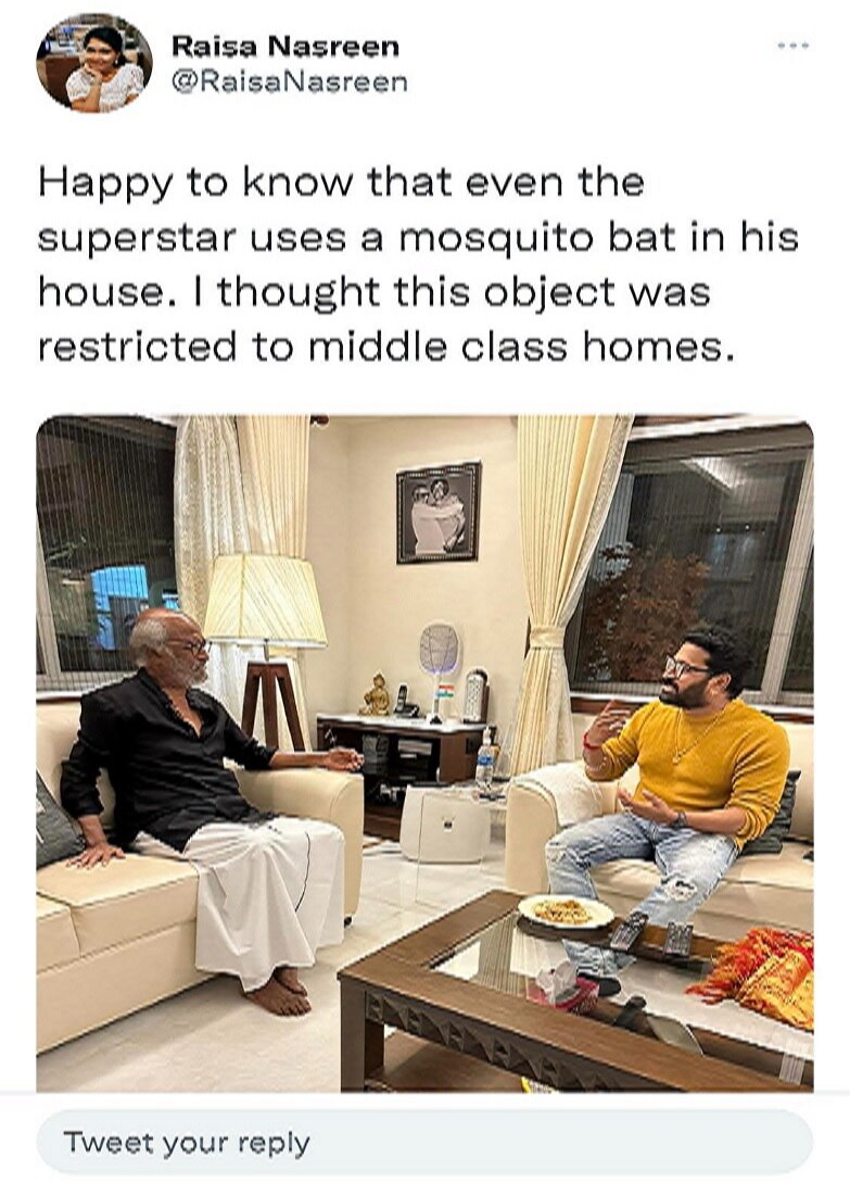 fans spot mosquito bat in rajnikanth home during his conversation with kantara actor rishab shetty 