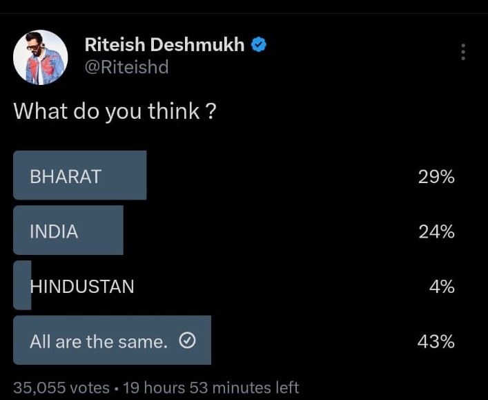 Riteish Deshmukh takes poll on india bharat or hindustan know what netizens said