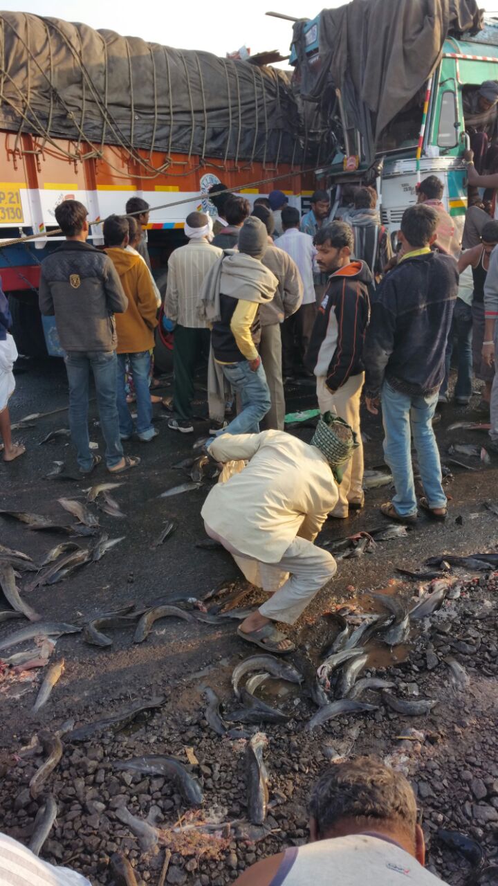 सर्व मासे रस्त्यावर. 
मासे जमा करण्या साठी ग्रामस्थांची गर्दी.