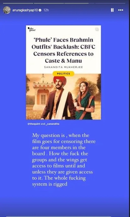 Bollywood Anurag Kashyap Slams CBFC Over Phule Controversy read his post 