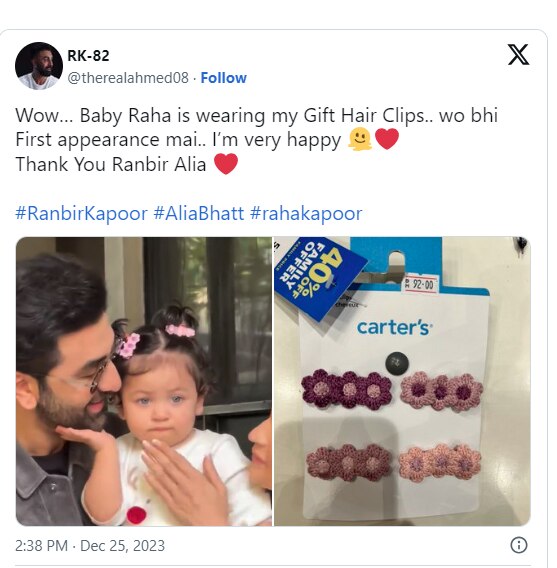 did bollywood Actor ranbir Kapoor Alia Bhatts daughter raha wore fan gifted hair clips know the truth 