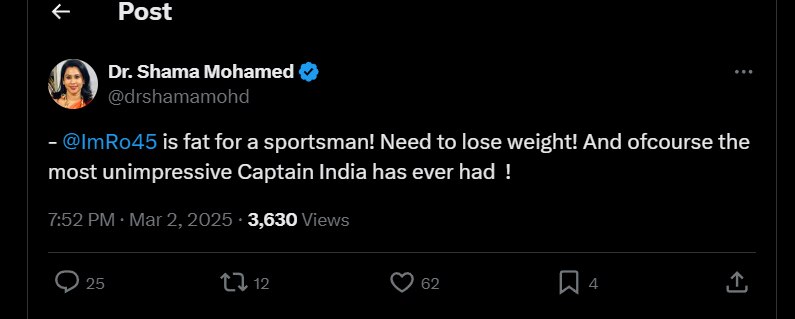 champions trophy 2025 Rohit Sharma is fat for a sportsman congress and bjp leader clash over social media post champions trophy 2025 Rohit Sharma is fat for a sportsman congress and bjp leader clash over social media post