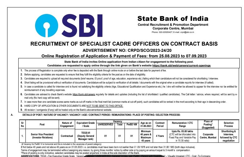 SBI Bank Job opportunity in State Bank of India Mumbai branch senior vice president Post
