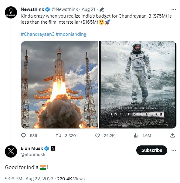 x ceo Elon Musk reacts to Chandrayaan 3 vs Interstellar  budget