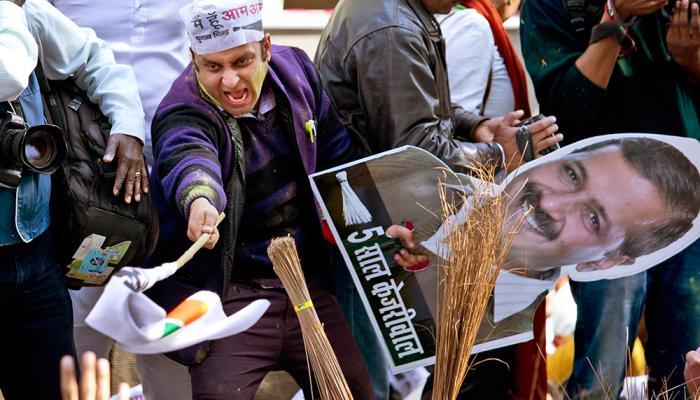 Delhi Assembly poll results: Celebration outside AAP office