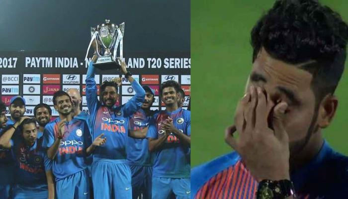 VIDEO : टीम इंडियासाठी पहिल्यांदाच ट्रॉफी उचलून इमोशनल झाला सिराज