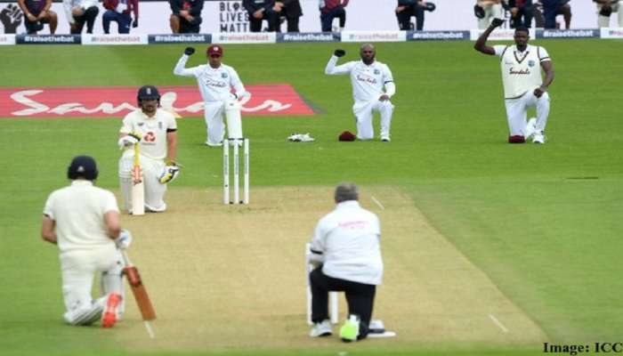 इंग्लंड-विंडीजच्या खेळाडूंनी मैदानावर गुडघे टेकून केला वर्णद्वेषाचा निषेध