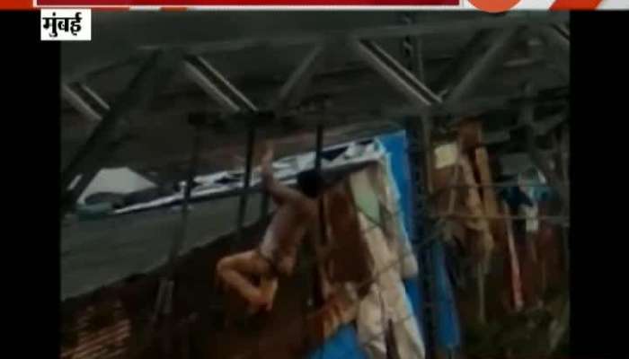  Mumbai Byculla Railway Station Man Climbing On Overhead Wire