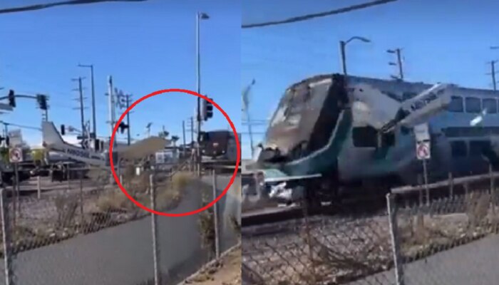रेल्वे रुळावर उतरलेल्या विमानाला ट्रेनची धडक, भीषण अपघाताचा व्हिडीओ समोर