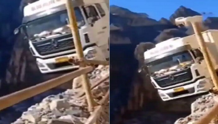डोंगर आणि दरीमध्ये अडकला ट्रक... पाहा जीवन मरणाचा संघर्ष दाखवणारा थरारक व्हिडीओ