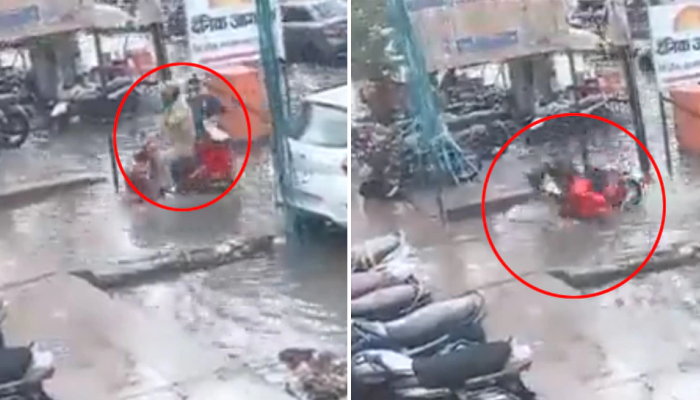 बायकोसह नाल्यात पडला पोलीस कर्मचारी, पुढे जे घडलं ते धक्कादायक, पाहा व्हिडीओ