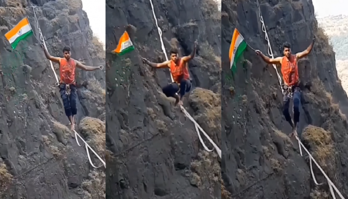 तब्बल 200 फुटांवर 'तारेवरची कसरत' करत मराठमोळ्या तरुणानं फडकावला तिरंगा; पाहा थरारक Video 