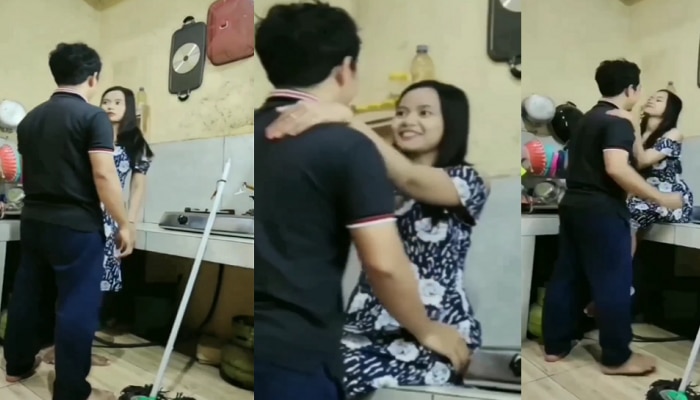 Viral Video : ती किचनमध्ये करत होती काम, तो आला तिला मिठीत घेतलं आणि...