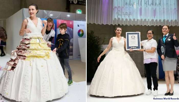 Cake Dress : असा ड्रेस जो घालू पण शकतो आणि खावू पण शकतो; पाहा 131 किलोच्या ड्रेसचा  Video 