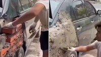 Viral Video: अपघातग्रस्त गाडीला चक्क वीटा लावून केलं प्लास्टर,