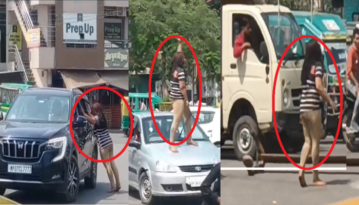 Viral Video : भररस्त्यात तरुणीचा हाय वोल्टेज ड्रामा, 'प्यार में मिला धोखा' म्हणत कारवर चढून हंगामा