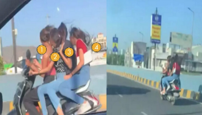 Viral Video : विनाहेल्मेट एकाच स्कुटीवरुन 4 'पापा की परी'चा जीवघेणा स्टंट,  सेल्फी काढतानाचा व्हिडीओ व्हायरल 