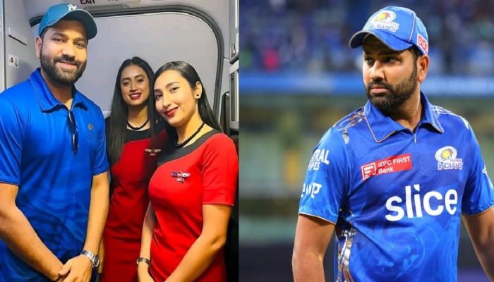 Rohit Sharma : एअर हॉस्टेसला पाहताच हिटमॅनने पोट घेतलं आत; फोटो होतोय व्हायरल