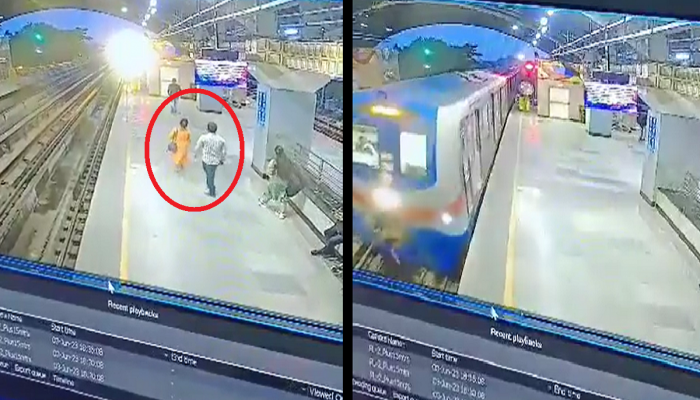Viral Video : ...आणि त्याने महिलेला पकडून धावत्या मेट्रोसमोर मारली उडी, हृदयाचे ठोके चुकवणारी घटना CCTV त कैद