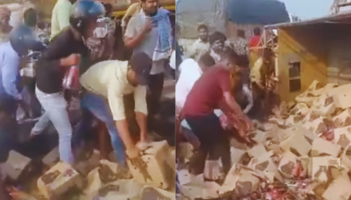 Viral Video: भररस्त्यात उलटला बियरने भरलेला ट्रक, लोकांनी खोऱ्याने उचलल्या बाटल्या; पाहा Video